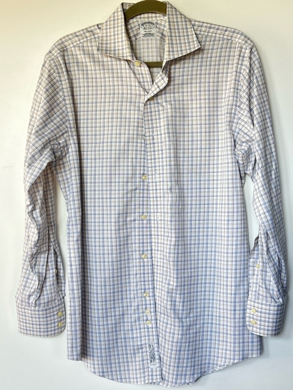 BROOKS BROTHERS men's non iron long sleeve shirt in blue tan and white